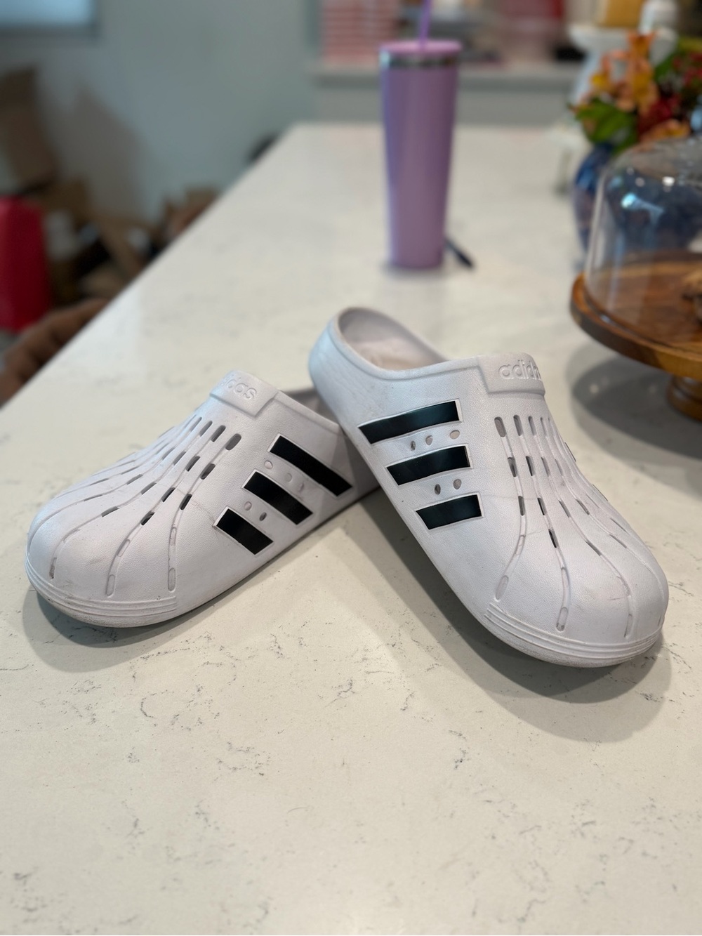 adidas Kids White Slip-On Clogs with Black Stripes